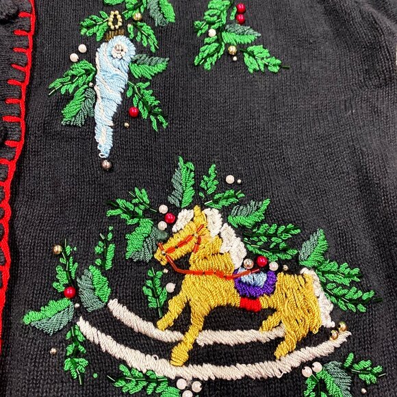 Womens Vtg Christmas Cardigan Sweater BP Design Medium Black Embroidered Beaded - Picture 7 of 16